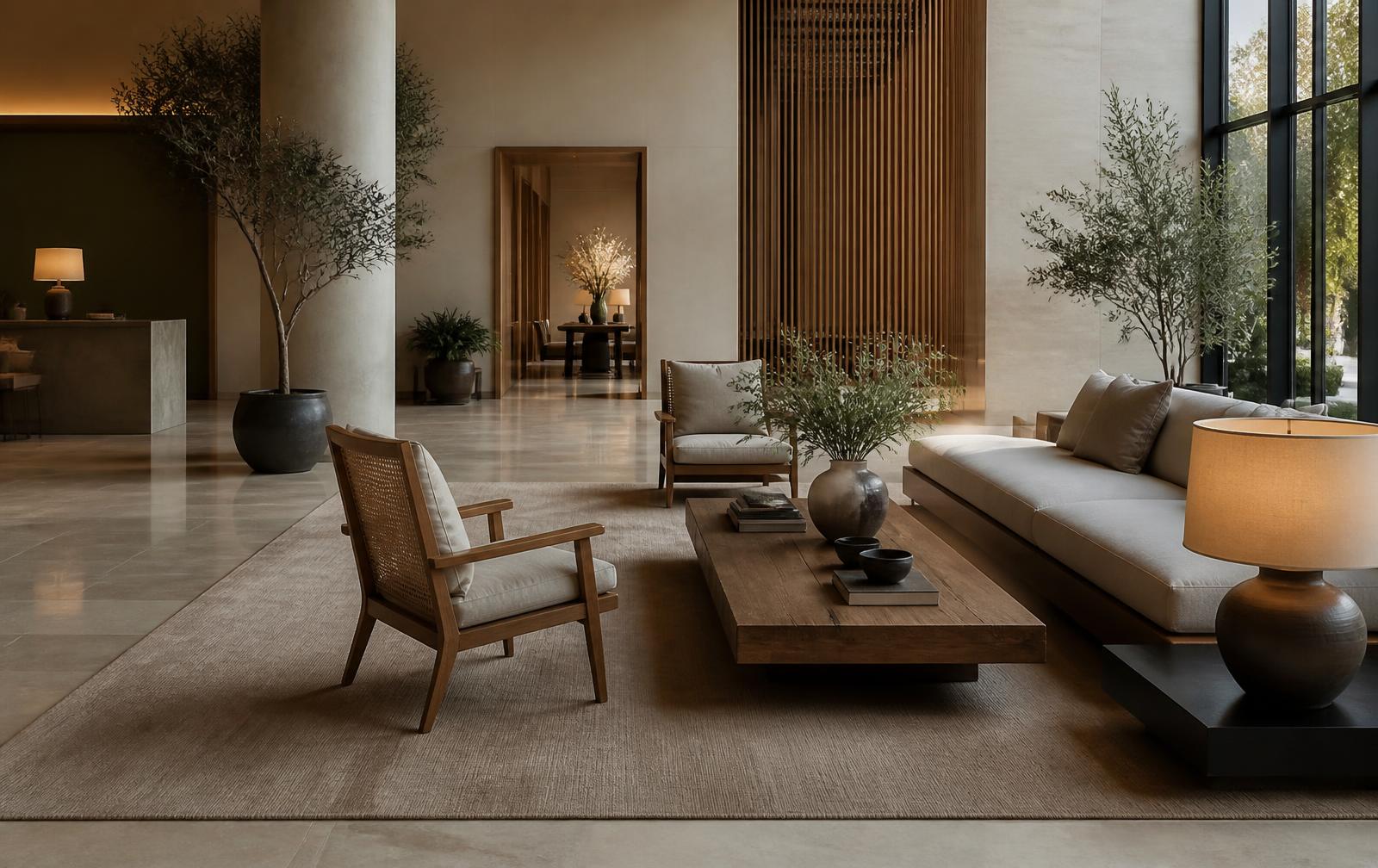 Hotel lobby with a large neutral rug
